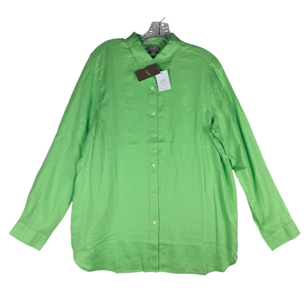 J. Jill Celadon Green 100% Linen Button Down Shirt Small Tall ST‎ 710635 NEW